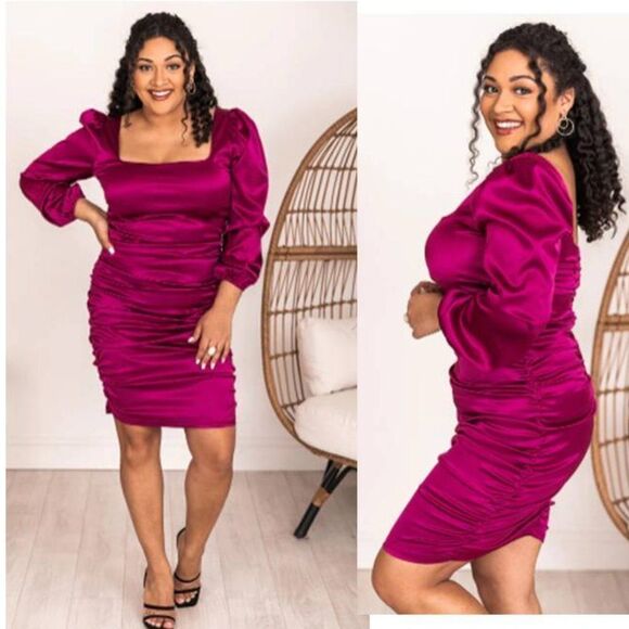 PINK LILY PLUS SIZE SATIN RUCHED STRETCH SQUARE NECK PARTY DRESS - Picture 2 of 4